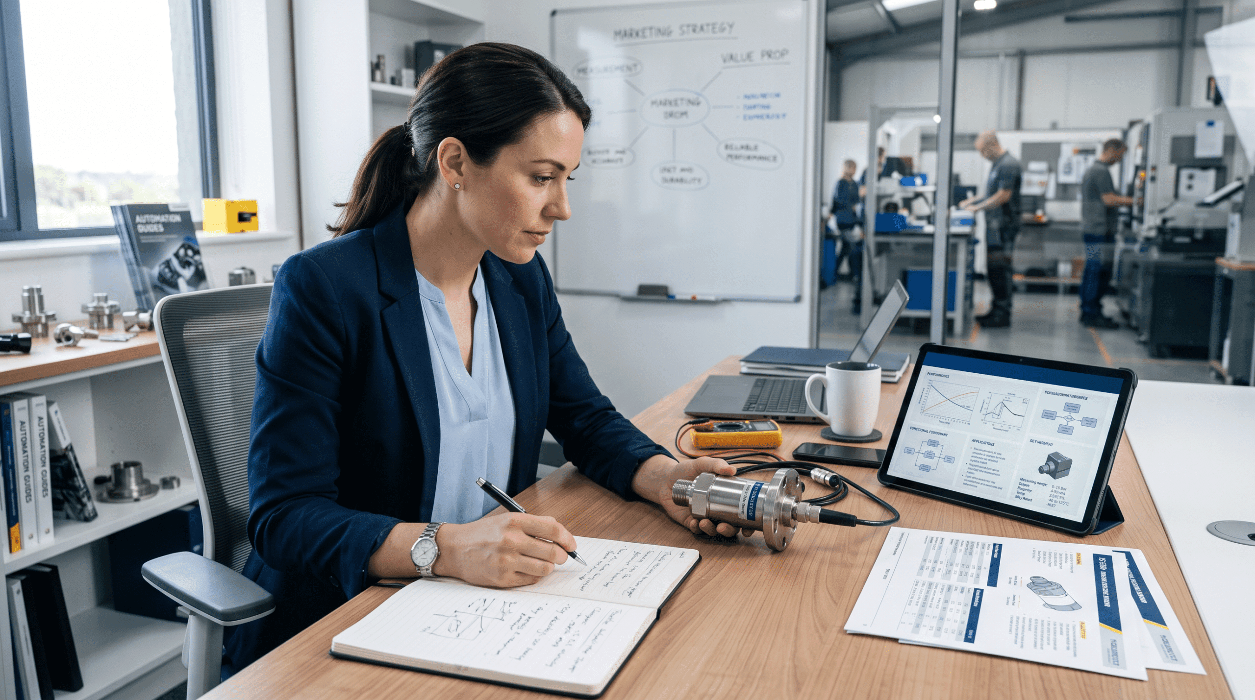 profissional analisando especificações de produto técnico industrial